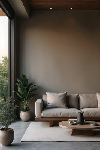 an elegant living room with a grey sofa, round coffee table, and a plant on the floor,fromental,modern minimalist lounge,housewall,footwall,natuzzi,anastassiades