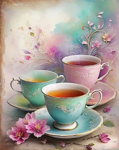 Shabby chic dreamy mist pastel junk journals spring tea time cups swirling magical fairytale abstract art style
,two cups of tea and a saucer on a saucer,flower tea,watercolor tea set,blooming tea,wat
