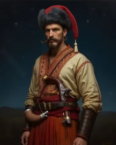 Historical portrait in the style of Vladislav Yerko, Ilya Repin, Sergei Vasilkovsky, Konstantin Makovsky, Frants Roubaud, depicts a Ukrainian Zaporozhian Cossack ataman standing confidently against a 