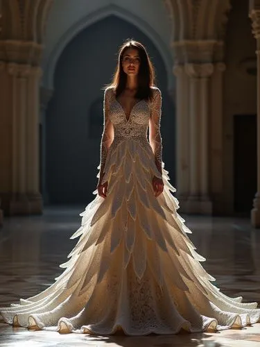 A highly detailed 3d islamic pattern and architecture elemnts  and elegant haute couture dress deeply inspired by traditional Iranian architecture, especially the intricate geometry of muqarnas — the 