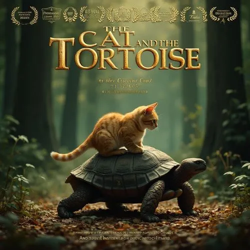 An epic movie poster for a film titled 'The Cat and the Tortoise.' The poster features a cat on top of a tortoise in a forest. The top of the poster is adorned with numerous award icons and text, such