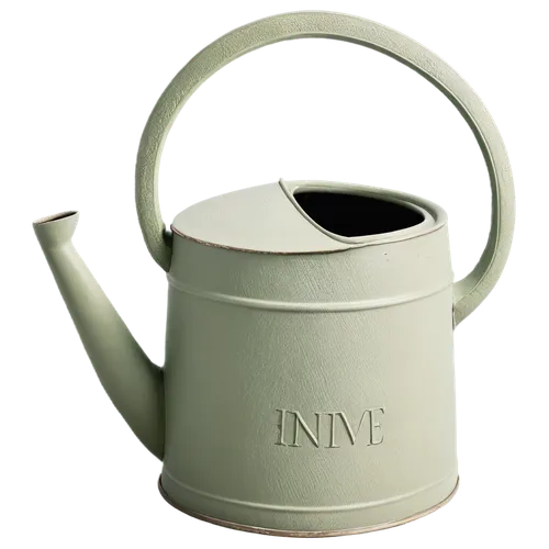 A light gree, cement-like watering can.  The watering can is depicted in a full shot, positioned centrally in the image. It has a textured surface, reminiscent of cement or plaster.  Embossed words "H