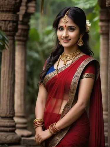 Krishna, Indian goddess, standing, solo, (25yo), beautiful detailed eyes, red bindi, dark brown hair, golden jewelry, crimson saree, intricate embroidery, draped elegantly, flowing fabric, subtle make