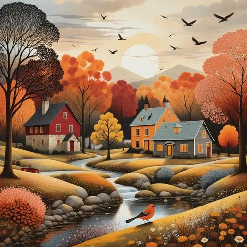 a quaint village nestled amidst a vibrant forest