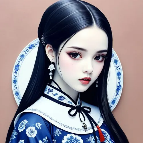 时尚女孩，青花瓷背景，传统文化，蓝色,a drawing of a japanese girl wearing a blue and white dress,japanese doll,maiko,hanbok,artist doll,geiko,kunqu