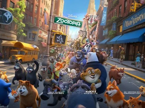 Disney style 3D cartoon movie style, very much a bunch of animals running through the streets of New York!,many animals are on a city street,dog street,animal lane,multitudinous,kimbundu,zoom backgrou