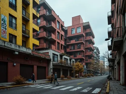 Deconstructed brutalist building, fragmented concrete structures, distressed textures, bold primary colors, clashing secondary hues, dissonant color harmony, abstract geometric patterns, fractured lig