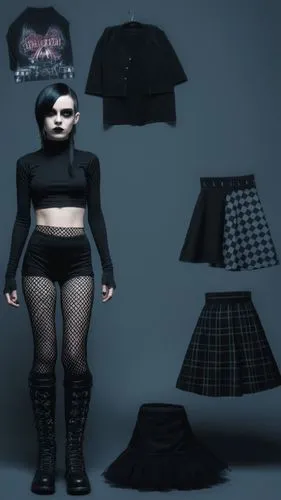 Goth Paper doll futuristic cyberpunk emp punk goth girl in black sleeveless shirt , black spandex shorts, complete full length fishnet and black goth knee Boots, standing surrounded by with a set of g