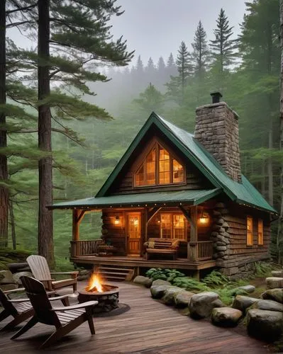 Rustic Adirondack camp architecture, wooden cabin, stone chimney, green roof, surrounded by tall trees, misty forest, warm afternoon light, soft focus, natural textures, wooden deck, rocking chairs, l