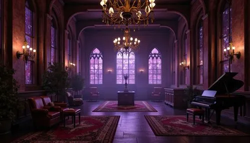 Dark wooden floors, intricate stone inlays, richly textured rugs, dramatic high ceilings, ornate chandeliers, mysterious ambiance, fog machines, purple and red accent lighting, grand pianos, lavish ve