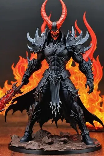  Action Figure， Full body ,a toy figure with horns and fangs holding two demonic arms,fire devil,daemons,hellfire,bedevil,infernal,death god,black dragon,incinerate,molten,magma,overlord,infernos,infe