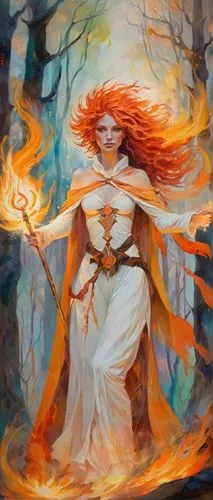 KotLC, foxfire, magical girl, fiery hair, golden eyes, delicate features, intricate tattoos on arms, white and orange costume, flowing cloak, holding staff, flames surrounding, mystical aura, mysterio