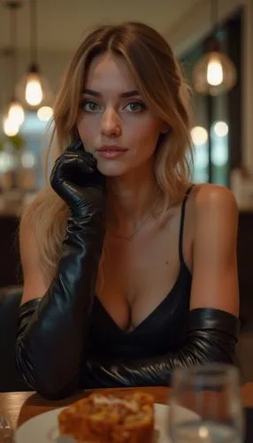 "From a first-person perspective, as if you are sitting across from your 18-year-old girlfriend at a romantic dinner in a modern restaurant. She is wearing a trendy, very cute top paired with long, so