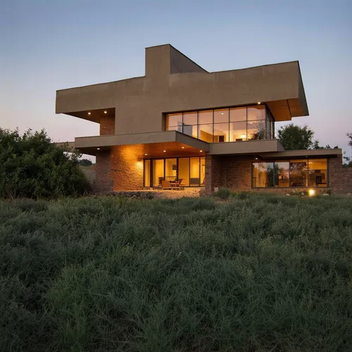 1building,a large home sitting in a green field,dunes house,modern house,modern architecture,siza,cantilevered,cantilevers,cube house,ruhl house,mid century house,cantilever,arcosanti,marfa,cubic hous