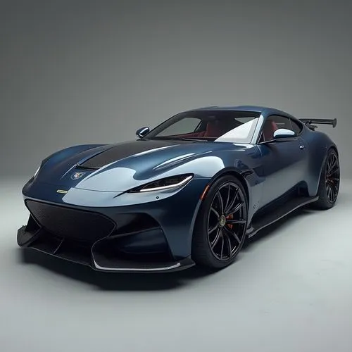 A performance coupe inspired by classic car designs, reinterpreted for a modern audience. The car features an aerodynamic, low-slung body with a bold front bumper and aggressive lines running from the