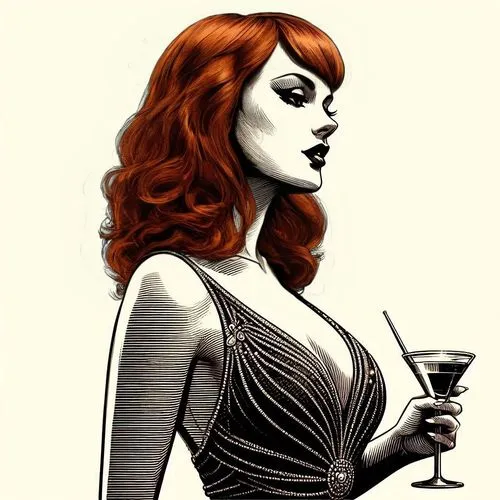 Long orange Red hair,,a woman with red hair is holding a glass of martini,ceremonials,maureen o'hara - female,vampira,retro woman,fujiko,palmiotti