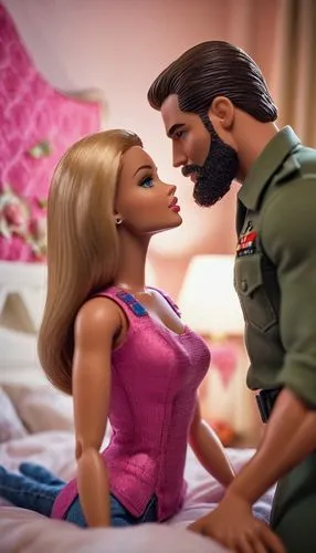 A Barbie-like, 18-year-old girl meets a man who looks like "G.I. Joe" with a beard and they kiss in a bedroom,barbie,hypersexuality,romance novel,romantic scene,playmobil,fidel,romance,toy photos,forb
