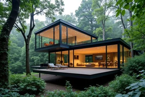 Design stunning glass-walled retreats harmonizing nature with modern elegance.,the living room is surrounded by large trees,forest house,house in the forest,mid century house,cubic house,cube house,mo