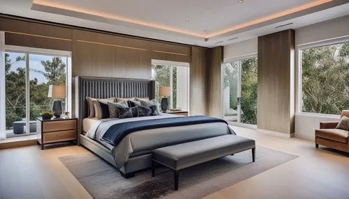 bedroom in large, well lit area with modern furniture and window seating,luxury home interior,modern room,great room,contemporary decor,sleeping room,interior modern design,headboards,guest room,penth