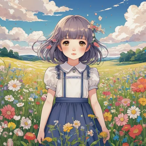 Illustrate a cute and lively anime wallpaper with adorable chibi characters, vibrant flowers, and a sunny meadow.,flower background,floral background,spring background,springtime background,japanese f