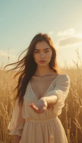 a beautiful woman posing in a field of wheat,girl on the dune,cornelisse,singular,blurred background,mcmorrow,lens flare