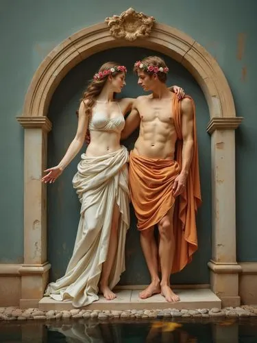 Classic couple,two young ladies standing next to each other in front of a statue,polykleitos,hippomenes,principios,adam and eve,neoclassicism,allegorical,pygmalion,romanos,greek sculpture,hylas,oedipu