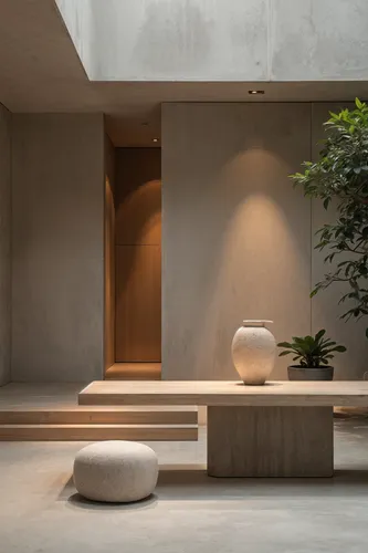 a potted plant in a concrete room,minotti,amanresorts,anastassiades,noguchi,pedestals,perriand