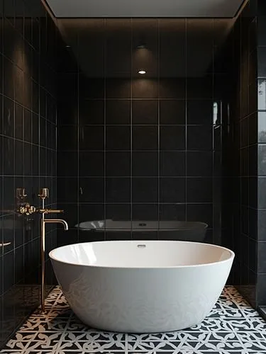 A sophisticated and modern indoor design with a monochromatic palette of deep blacks and whites. The walls are covered in sleek black tiles with a glossy finish, creating a dramatic contrast with the 