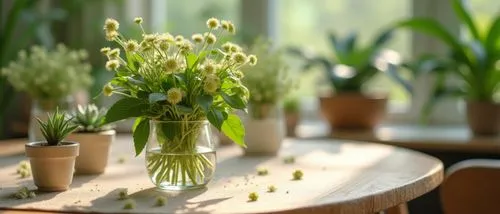 instagram style,beautifull desighn,beige,cream,green,many plants,blured background,details ,zoom on delicate green flowers in glass on dining table,tableware,there are three potted plants and one is s