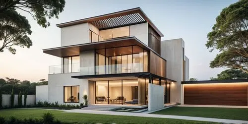 a modern two story house surrounded by lush green yard,modern house,modern architecture,weatherboards,contemporary,cubic house,weatherboard,modern style,house shape,frame house,residential house,dunes