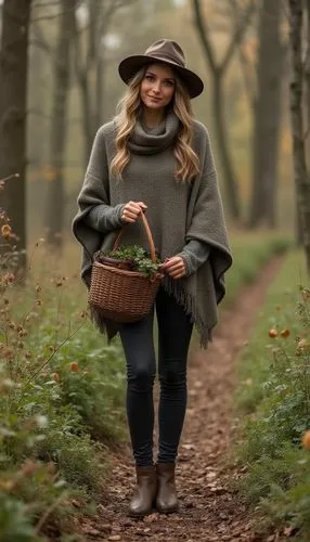 A nature-inspired fall outfit with a wool poncho, slim-fit leggings, and ankle boots. She’s picking herbs in a forest, with a woven basket adding a rustic, earthy touch.






























