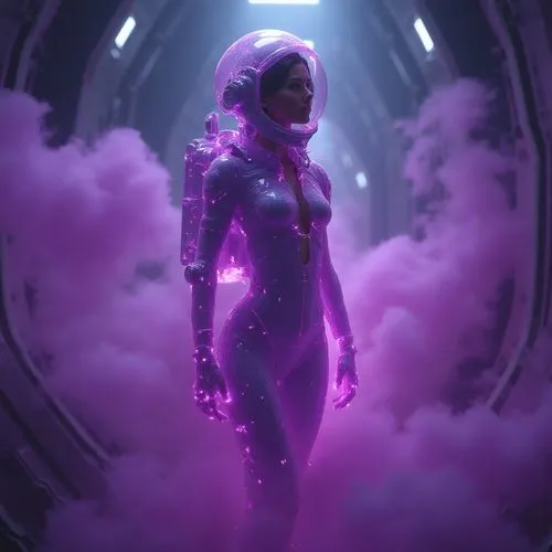 A stunning futuristic depiction of a female astronaut aboard a state-of-the-art spacecraft, wearing a sleek, form-fitting, partially open neon purple holographic spacesuit. this suit is designed with 
