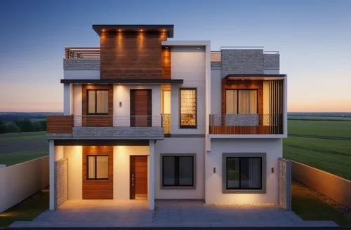 "Create a realistic 3D rendering of a contemporary residential building's front elevation based on the provided image. The building features a sleek design with flat roofs, large windows, and a combin