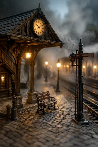 Photograph of a physical diorama model, viewed from a slightly elevated angle, depicting a miniature foggy train station at night. Tiny balsa wood and resin details form a scale-model wooden canopy to