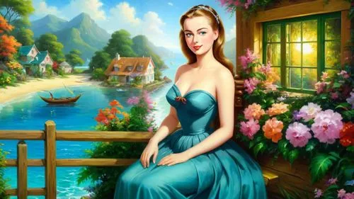 Romantic masterpiece oil painting, cute girl portrait, nostalgic 1950's style kitsch, vibrant seaside cottage landscape, lush tropical paradise, summer beach scenery, by Thomas Kinkade, by Bob Ross,la