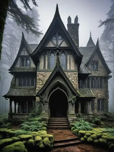 Triangular roof, intricate stonework, Gothic architecture, grandiose entrance, ornate windows, towering spires, majestic columns, medieval-inspired design, rugged stone walls, mysterious ambiance, dra