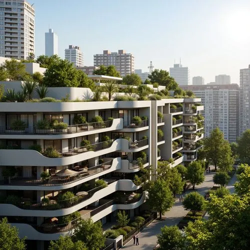 Eco-friendly apartment building, green roofs, solar panels, wind turbines, energy-efficient windows, double glazing, insulation materials, recycled water systems, low-flow showerheads, LED lighting, s