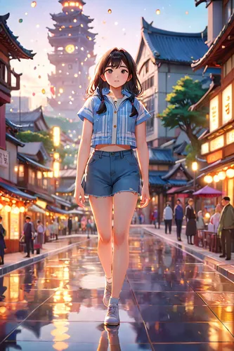 studio ghibli,anime japanese clothing,japanese sakura background,kyoto,asakusa,sakura background,senso-ji,girl in overalls,girl walking away,tsukemono,osaka,japan,tokyo city,summer evening,japanese ba