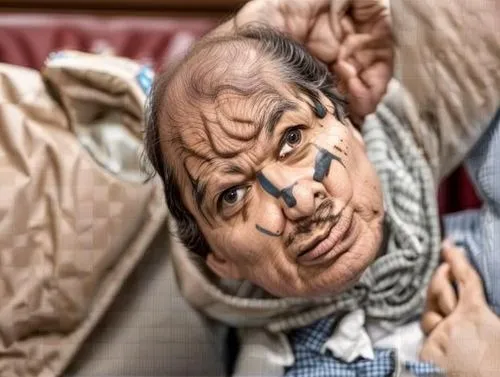 a man with a fake mustache on top of his head,svankmajer,chirac,cantinflas,autons,bodypainting,popeil