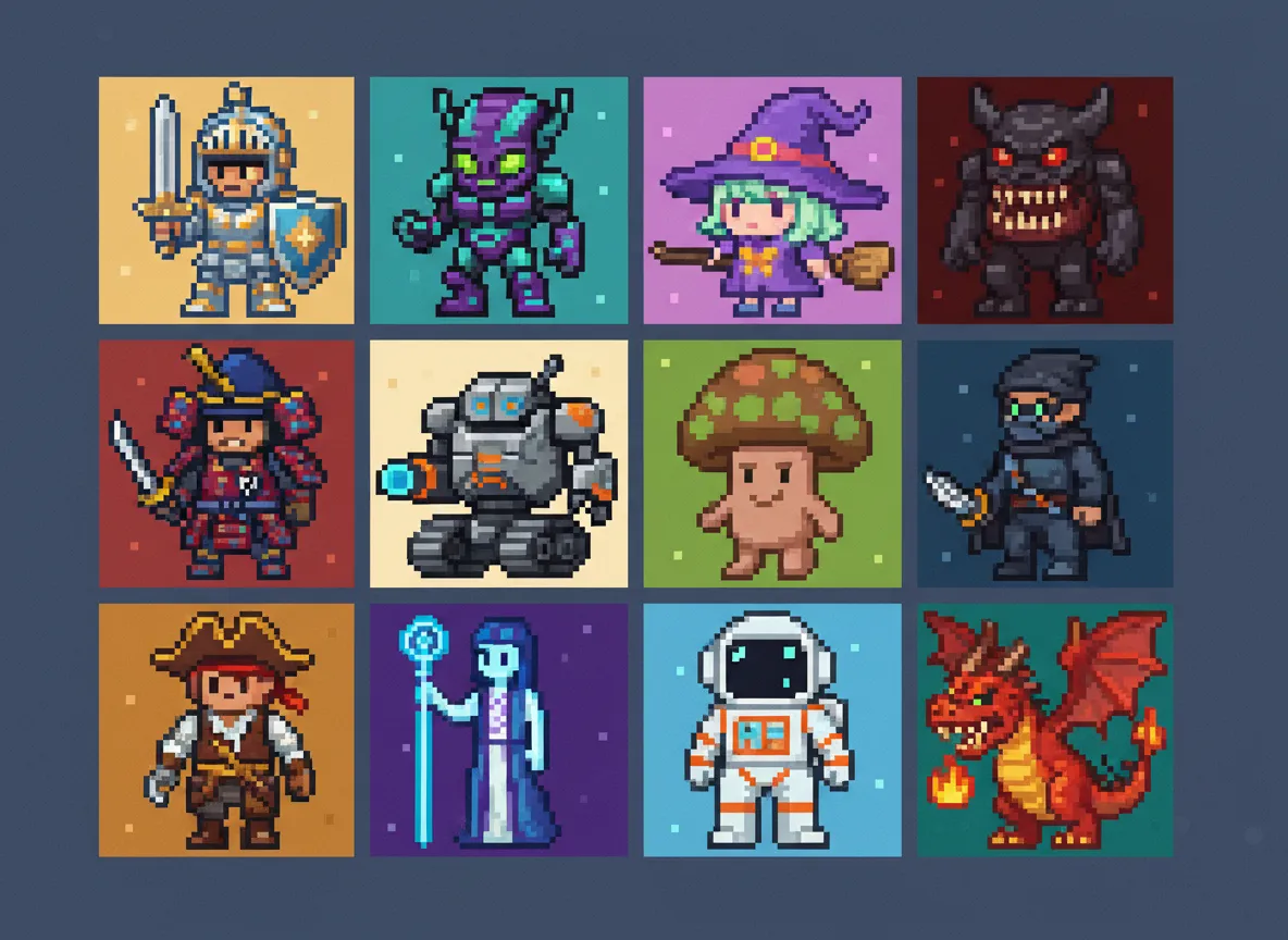 Ein Raster, das mehrere Pixel-Art-Charakter-Sprites zeigt, von Rittern bis zu Aliens, und eine Vielzahl von Stilen demonstriert.