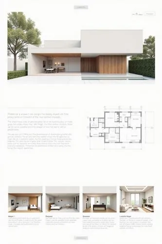 A professional architectural presentation board with a Pure background and a clean, minimalist design layout. The board includes:

Top Section: On the top left, a photorealistic render of a contempora