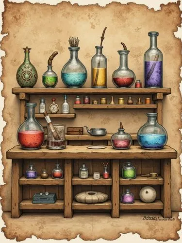 A stunning, highly detailed, rough-hewn color pencil sketch of a medieval counter, viewed from the front, reminiscent of a vintage retro 80s aesthetic, adorned with eight distinct flasks and potions, 