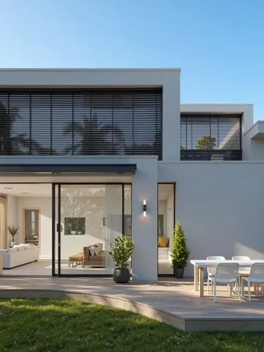 A photo-realistic shoot from a far camera angle about a modern, minimalist house with white exterior and black blinds, set against a bright blue sky. the image also shows a well-maintained garden with