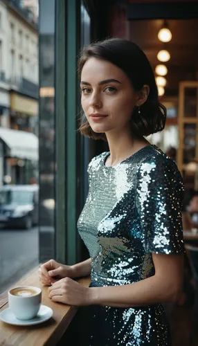 medium shot of attractive french girl in a city modern cafe on our first date, wearing Sequin Dress, brunette, casual smirk, reflections trough a window of another person walking by, shot in 2023 in t