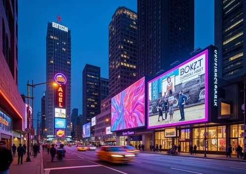 добавь автомобили и людей. Красивые вывески на фасадах.,an intersection with cars, pedestrians and billboards lit up,time square,times square,radio city music hall,illuminated advertising,new york str