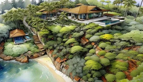 an artistic painting of a house on a beach,resort,holiday villa,tropical island,beach resort,tree house hotel,pool house,seaside resort,tropical house,beachfront,island suspended,floating islands,dune