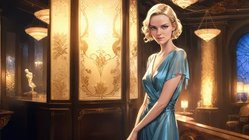 a young woman in a blue dress is looking at the camera,blue jasmine,vesper,noblewoman,fairest,archduchess,blue enchantress,lady of the night,stately,marchioness,heiress,art deco background,speakeasy,t