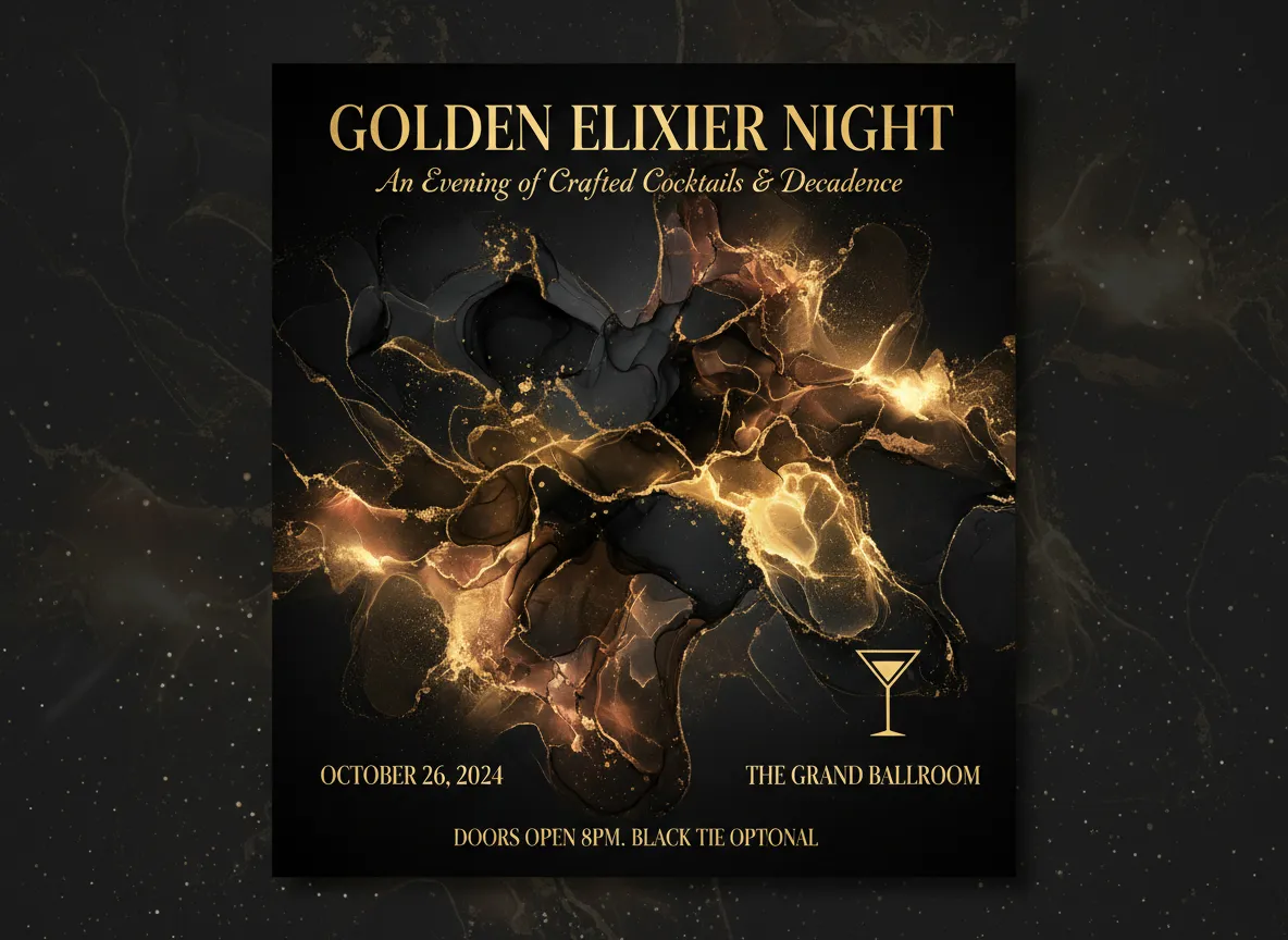 Ein fertiges Veranstaltungsplakat, bei dem ein dramatisches schwarz-goldenes Alkoholtinten-Muster das zentrale Designelement ist.