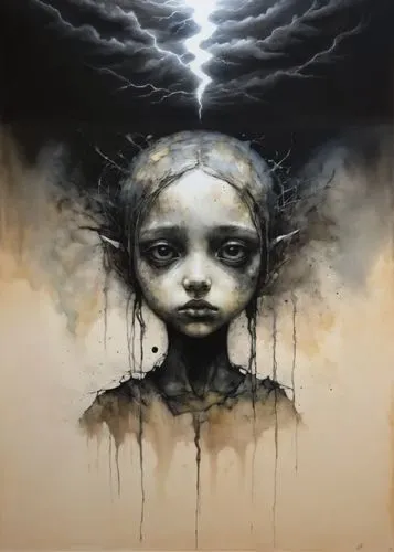 expand in each direction, charcoal painting, liquid, canvas. stain melting,  thunder lightning, india third eye above head, bottom reflection,a painting of a woman's face and lightning coming out of t