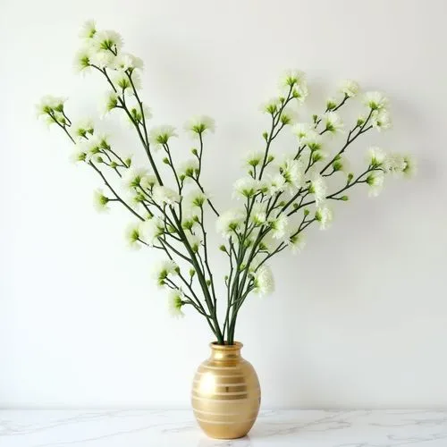 tall big elegant decorative branches with green flowers,on white wall,frontview, simple elegant   gold stripes vase
,white flowers are in a golden vase on a white table,lily of the valley,minimalist f